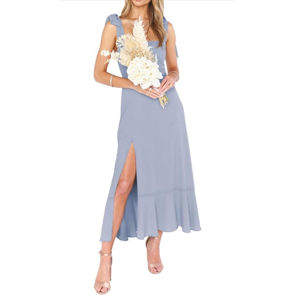 NEW Tie Strap Square Neck Elegant Slit Midi Dress L NO BELT